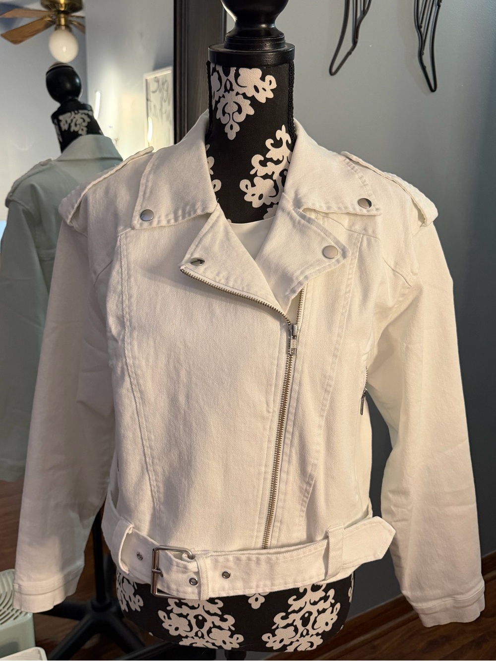INC International Concepts White Denim Belted Moto Jacket